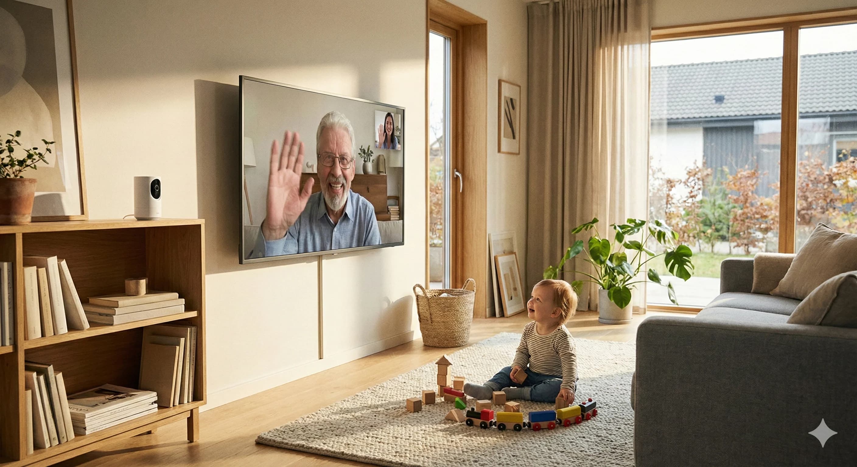 Peekaboo in action: toddler playing while grandparent video calls on TV